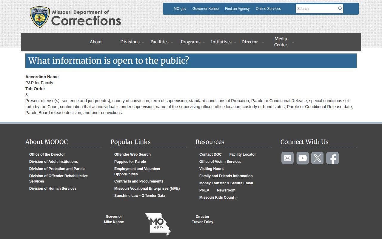 MODOC public release status and supervision record fields