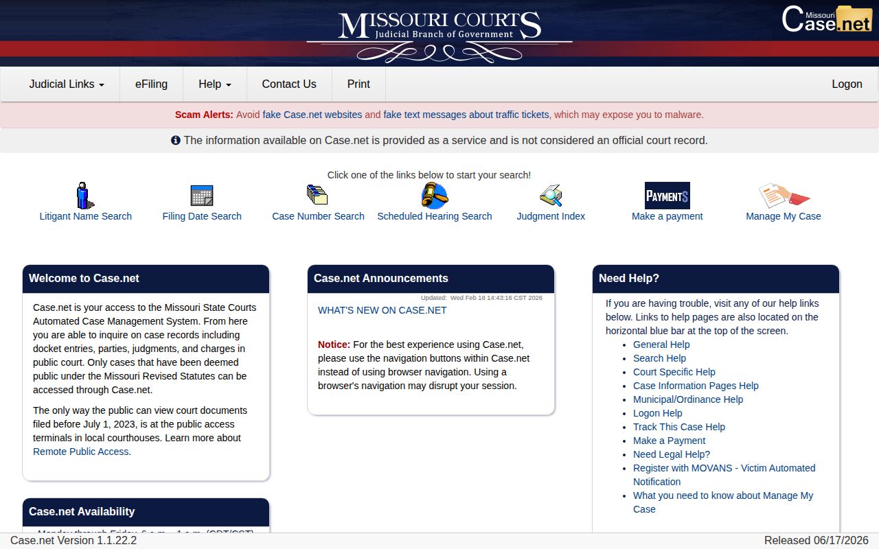 Case.net search for a DeKalb County release court record