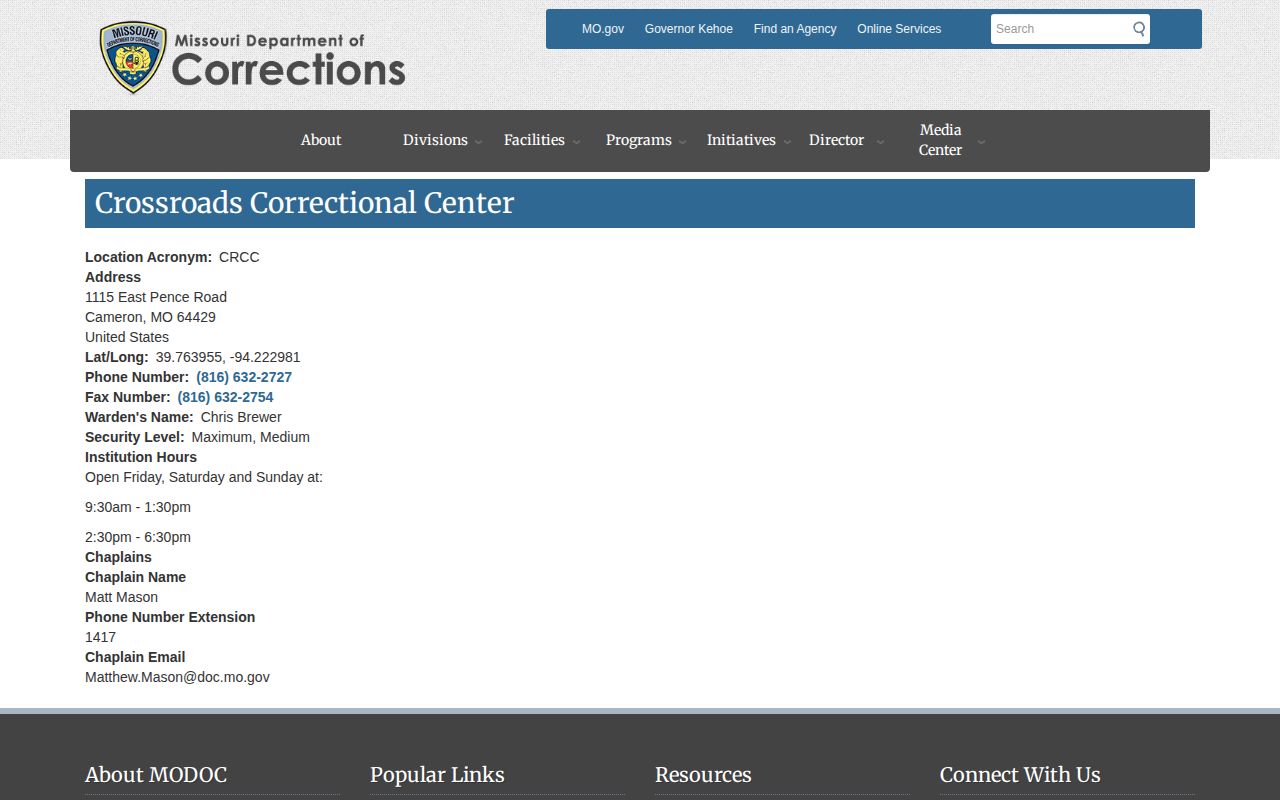 Crossroads Correctional Center CRCC release records official MODOC page