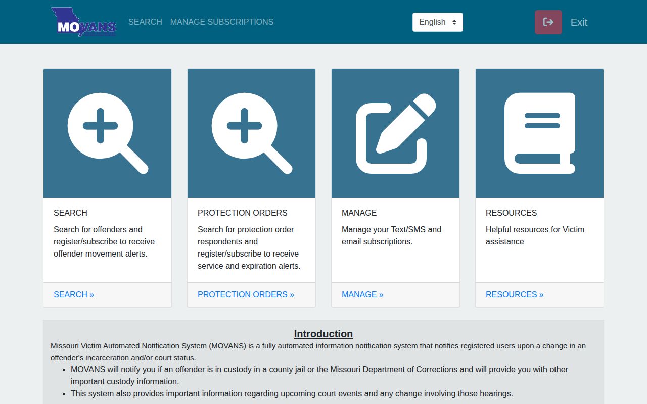 Missouri MOVANS jail and correction search and notification portal