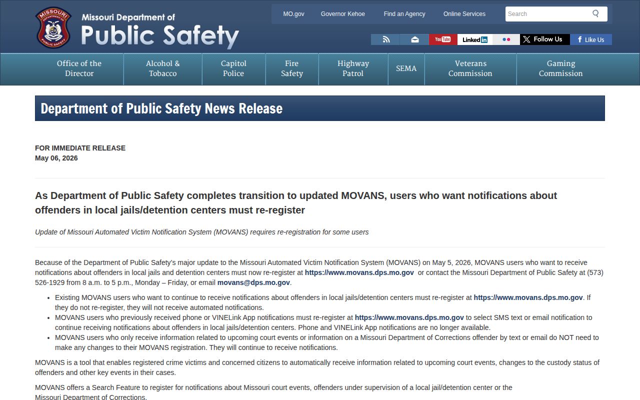 Missouri Department of Public Safety notice about the May 2026 MOVANS transition