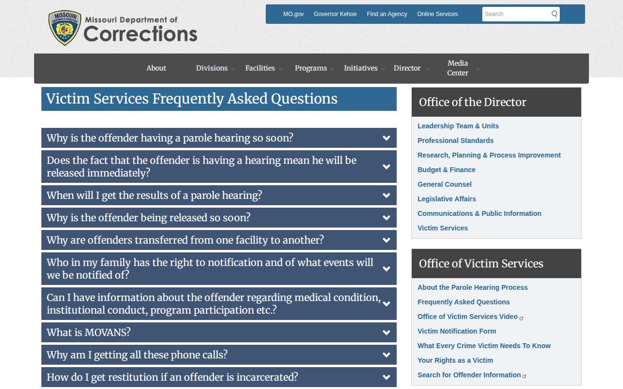Missouri Office of Victim Services MOVANS release-date and PIN guidance